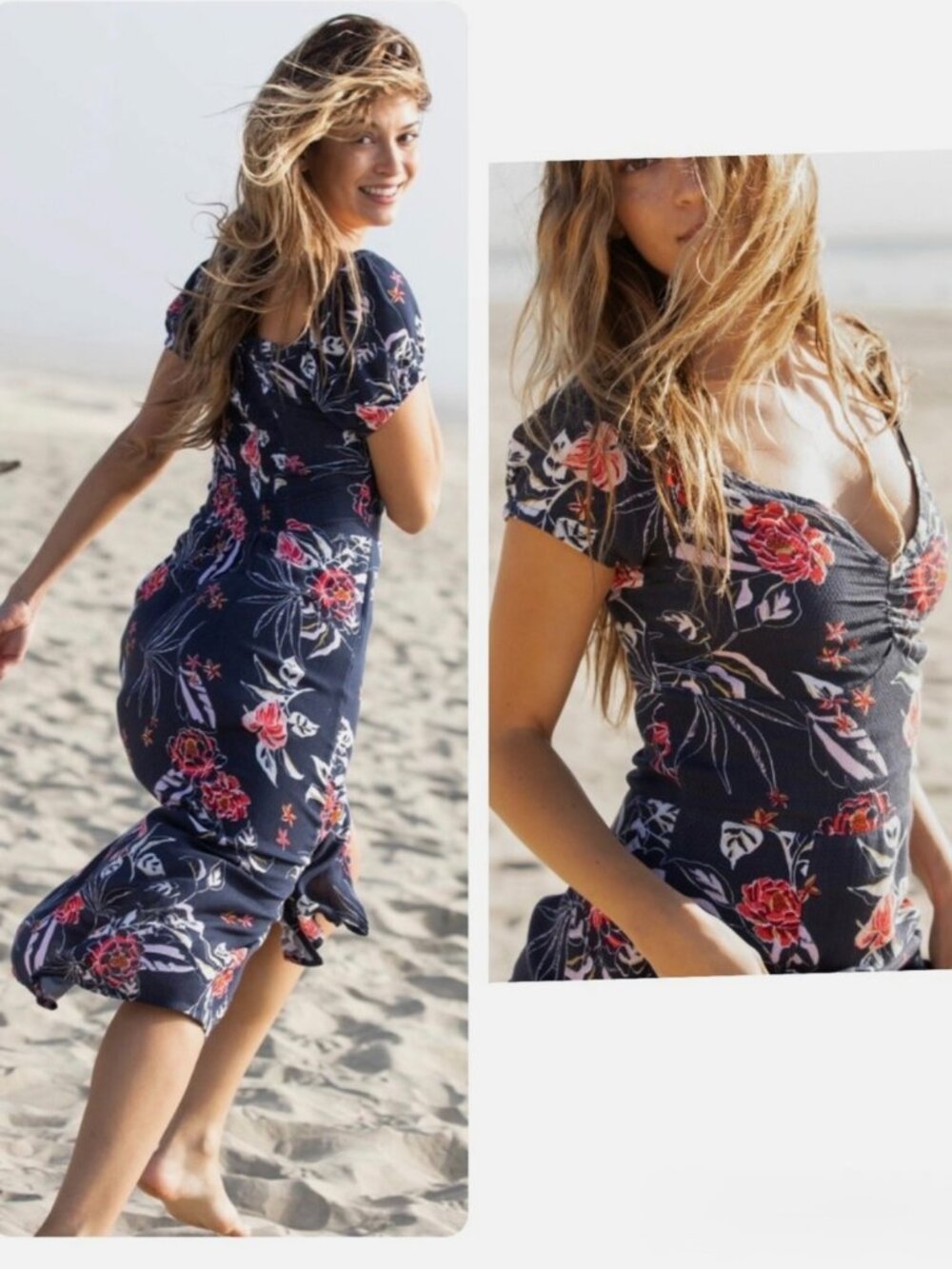 Roxy Navy Floral Midi Dress with Red & Cream Blooms